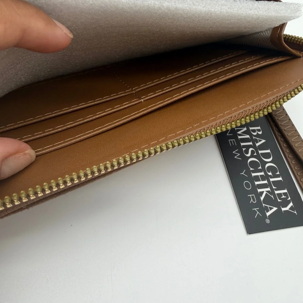 Badgley Mischka Brown Faux Suede Zip Around Wristlet Continental Wallet NEW
